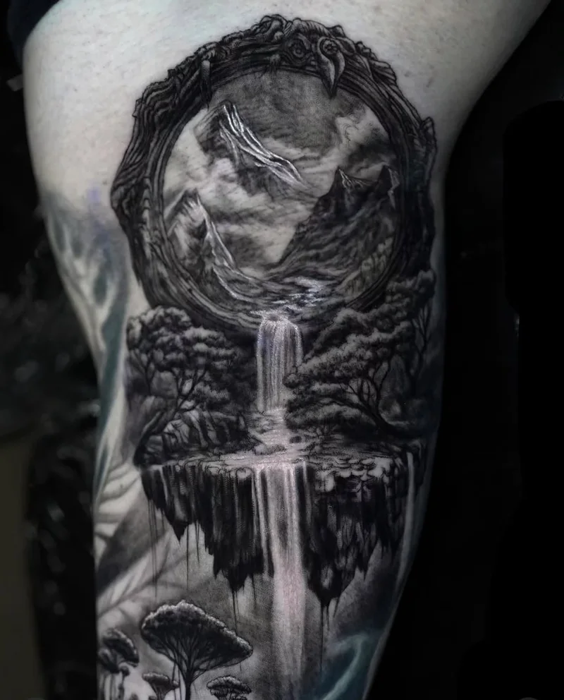 Waterfall landscape tattoo by Stefano Alcántara